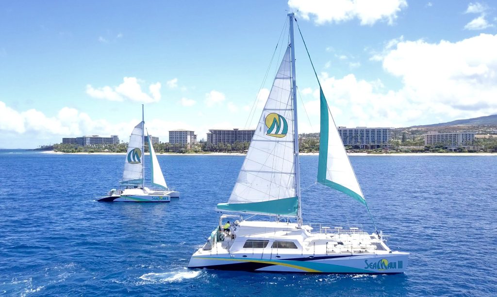 Two sailboats on blue sea with hotels and coastline in the background.