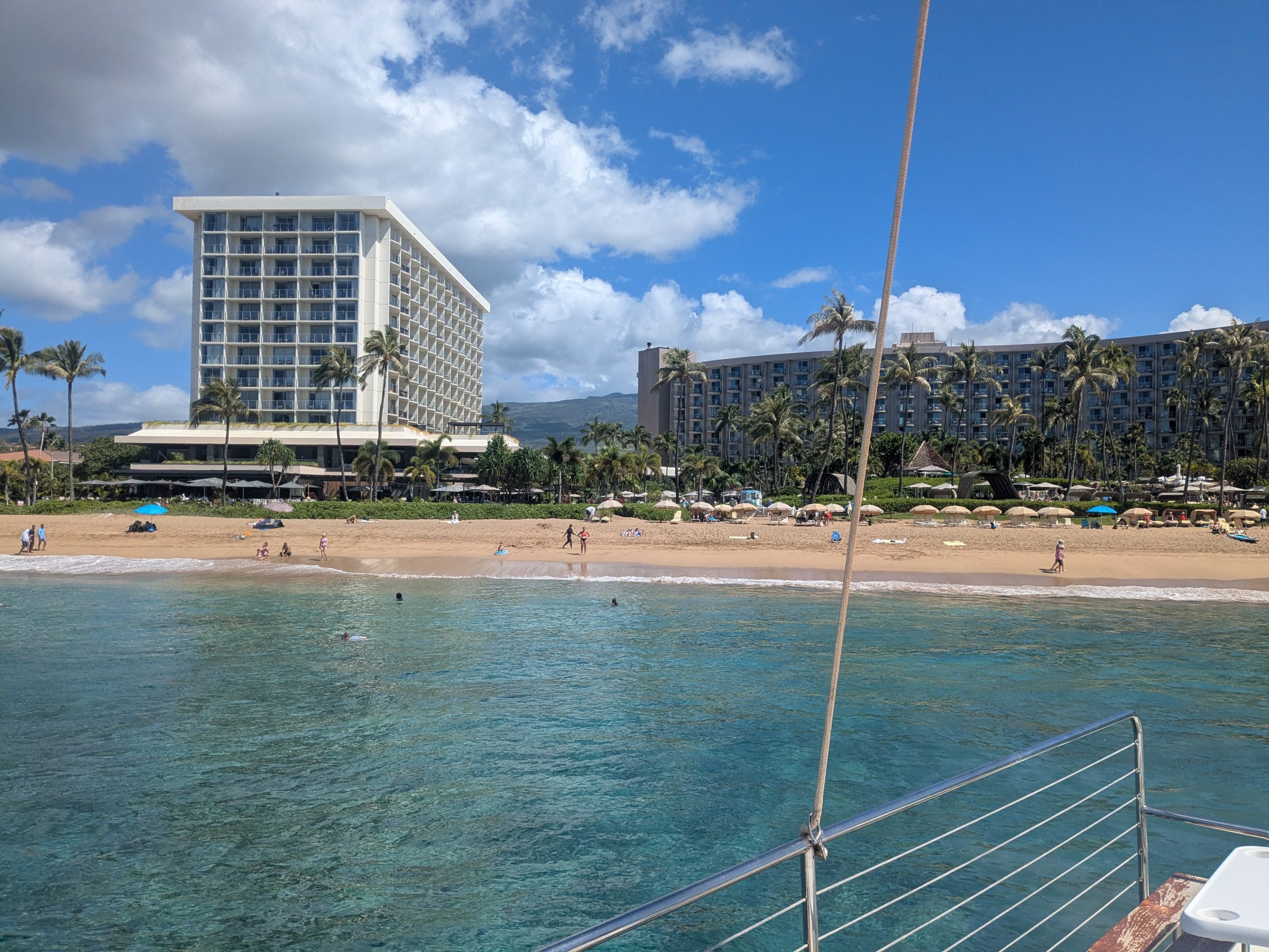Beachfront resort with tall buildings, palm trees, and people on sandy beach and in water.
