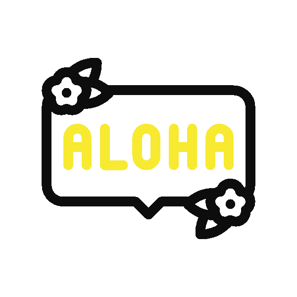 Speech bubble with 'Aloha' and flower accents.
