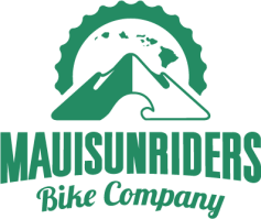 Green logo with mountains and islands, reads 'MAUI SUNRIDERS Bike Company'.