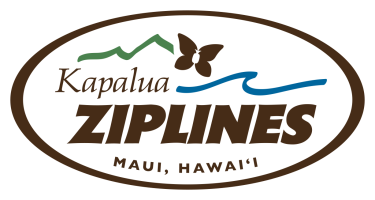 Logo: Kapalua Ziplines Maui, Hawaii with mountain, butterfly, and wave icons.