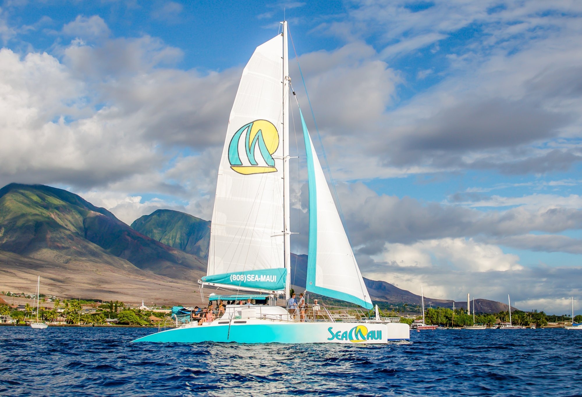 Sailing catamaran on ocean with mountains in background.