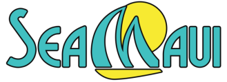 Logo with teal text 'SEA MAUI' featuring a yellow sun and sails design.