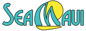 Logo with teal text 'SEA MAUI' featuring a yellow sun and sails design.
