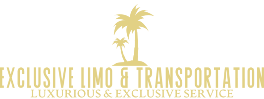 Logo with two palm trees and text 'Exclusive Limo & Transportation, Luxurious & Exclusive Service'.