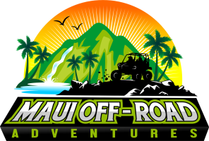 Logo with mountains, waterfall, palm trees, off-road vehicle, and text 'Maui Off-Road Adventures'.