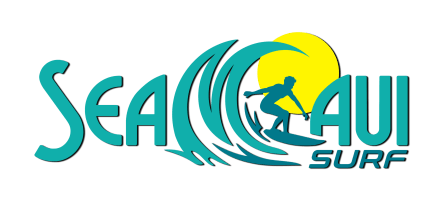 Logo with 'Sea Maui Surf', a surfer riding a wave in front of a yellow sun.
