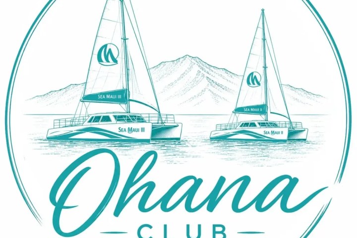 Two sailboats near a mountain inside a circular 'Ohana Club Sea Maui' design.